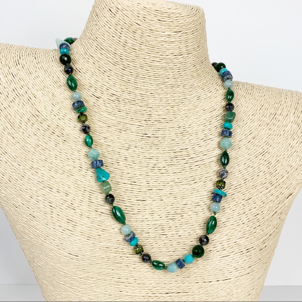Hand Knotted Green Blue Stones Malachite Amazonite Turquoise Aventurine Necklace